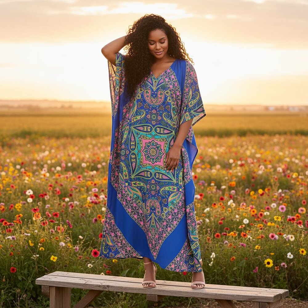 Women Blue Paisley Printed Caftan Maxi Dress Plus Size Cover Up Gown for Nighty